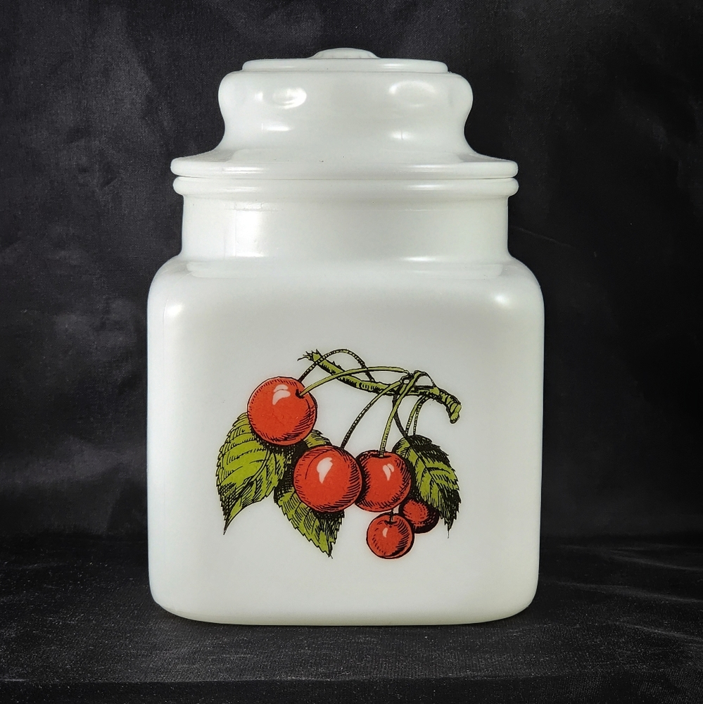Vintage Milk Glass Cherries Canister